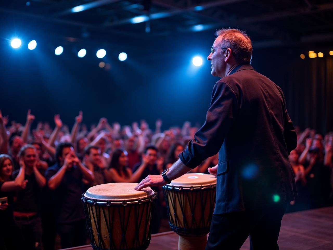 A performer playing a djembe in front of an audience