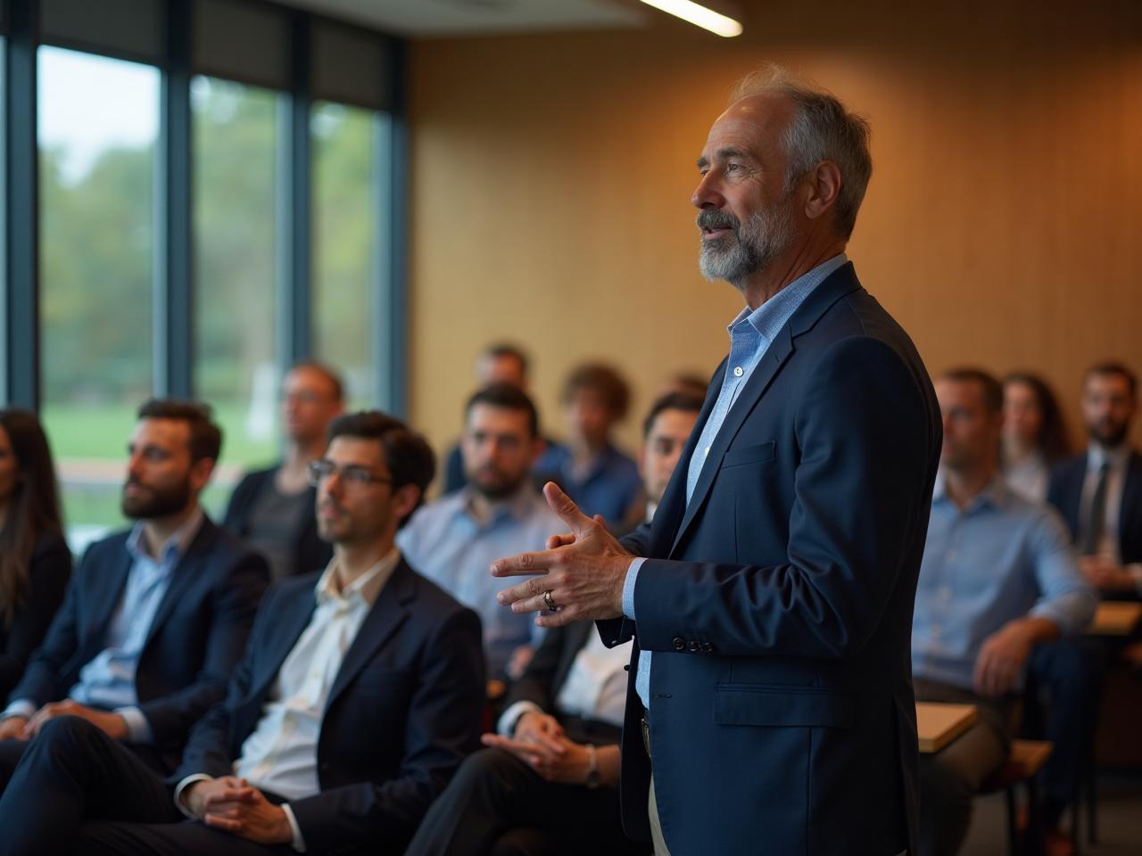 A speaker addressing seated participants at a workshop